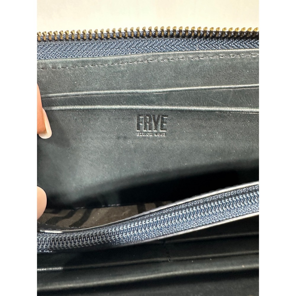 Frye Melissa Zip Around Leather Wallet Navy Slate Blue Whipstitch Continental - Picture 6 of 7